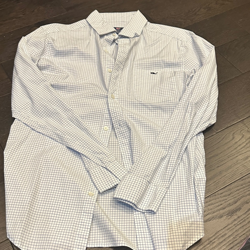 Vineyard Vines White and Blue Grid Men's Shirt